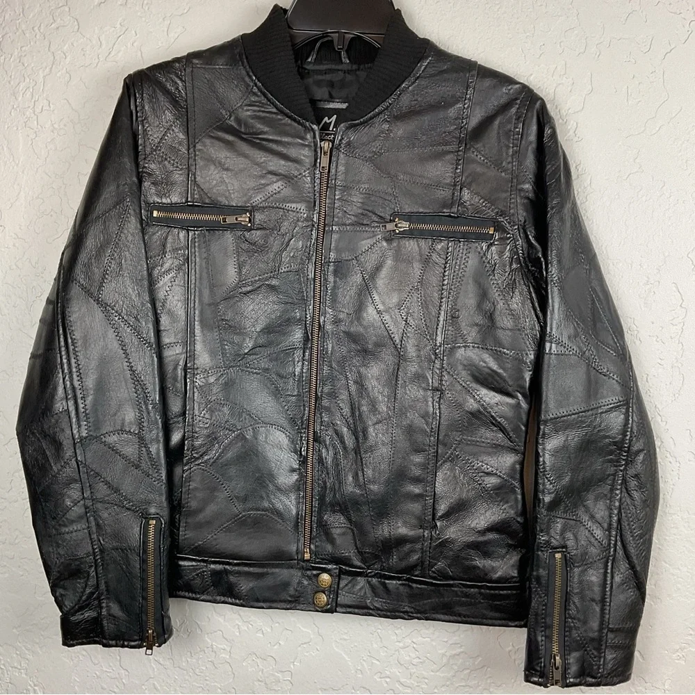 M. Collection Women’s Black Leather Patchwork Zip Up Bomber Jacket Sz Med